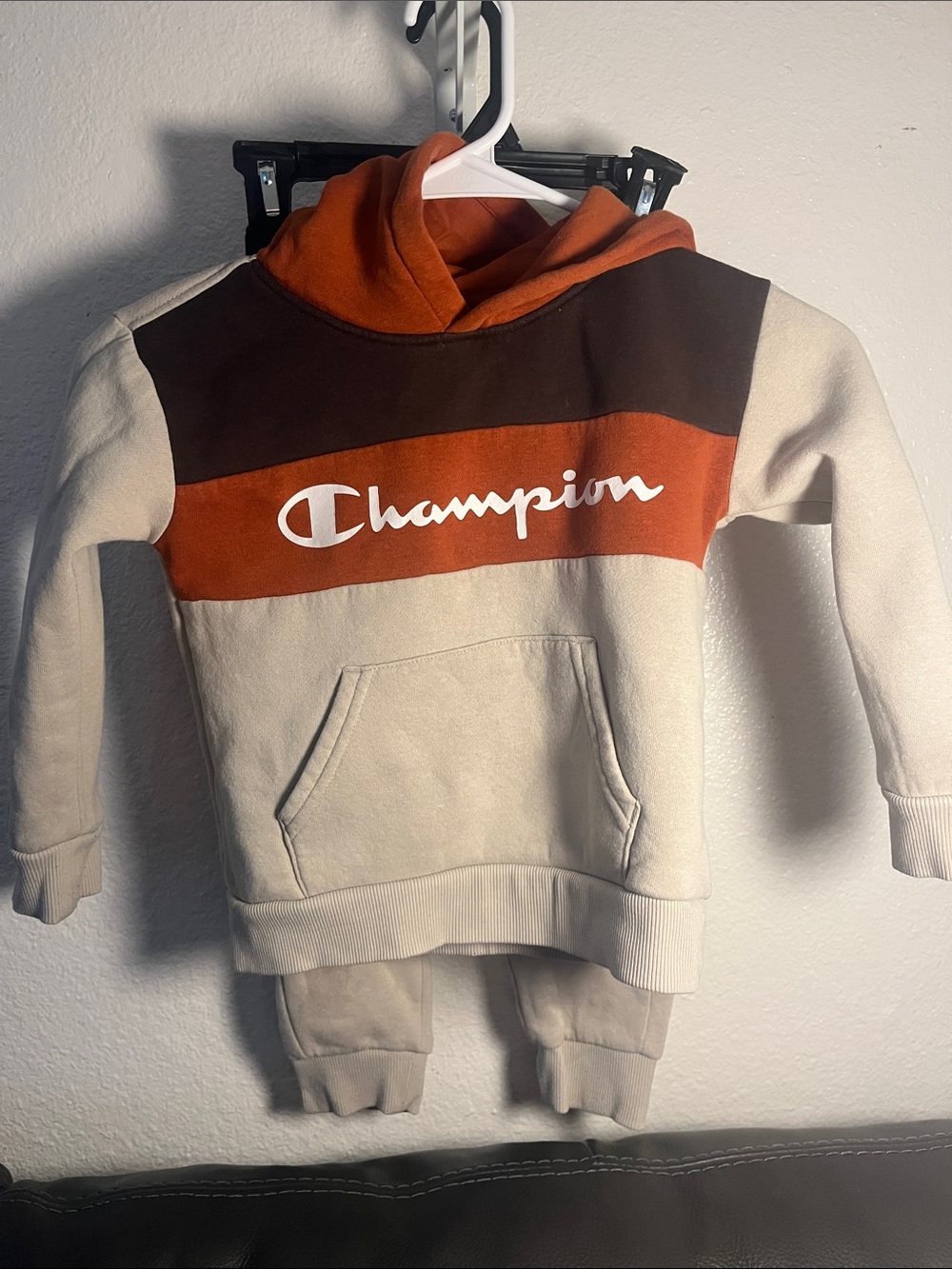 Champion Kids Hooded Colorblock Sweatshirt in Cream, Rust & Dark Brown